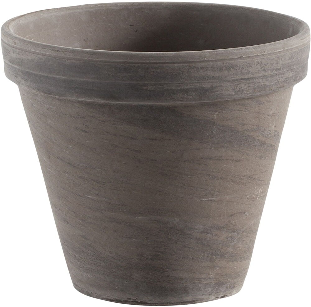 Tummanharmaa lasittamaton saviruukku, jossa on pyöreä muoto.