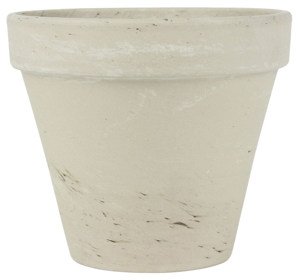 Vaaleanharmaa lasittamaton saviruukku, jossa pyöreä aukko.