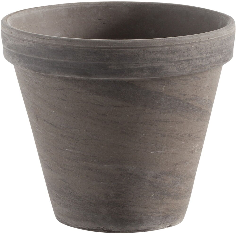 Tummanharmaa lasittamaton saviruukku, pyöreä muoto.