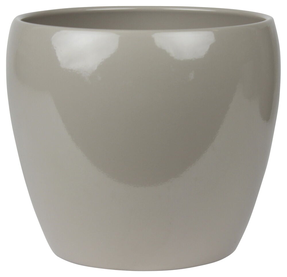Harmaa pyöreä ruukku kiiltävää keramiikkaa.