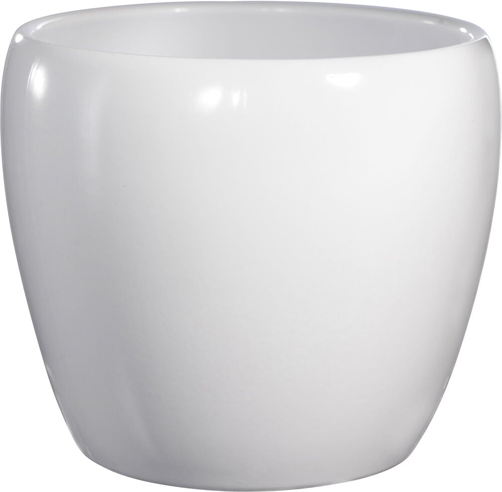 Valkoinen pyöreä ruukku kiiltävää keramiikkaa.