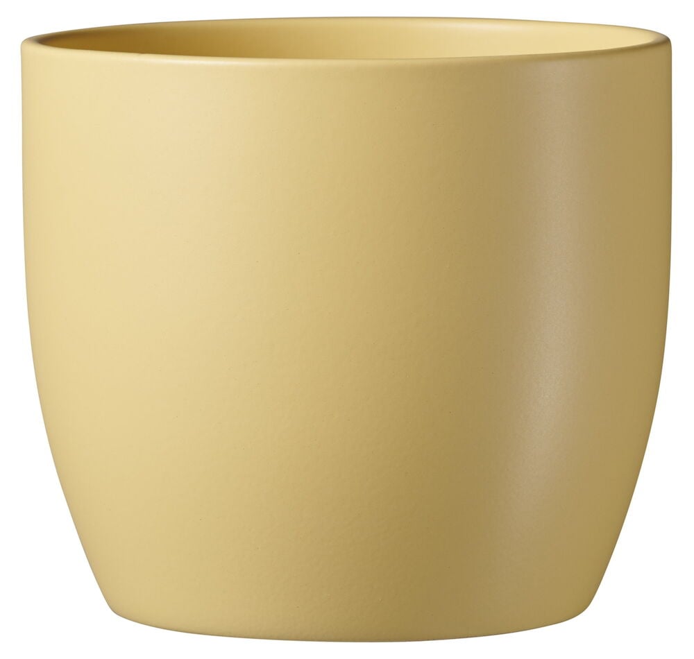 Keltainen keraaminen ruukku, jossa on mattapinta.