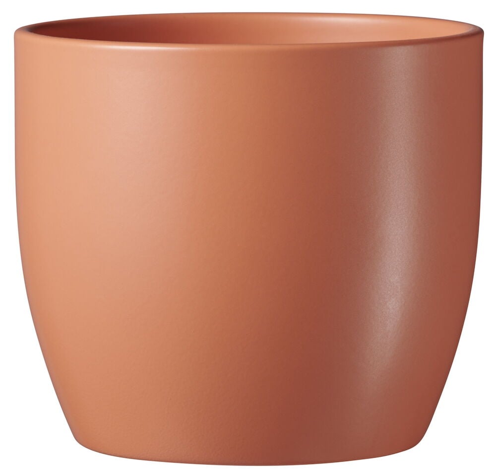 Punainen mattakeraaminen ruukku, jossa on pyöristetty muoto.