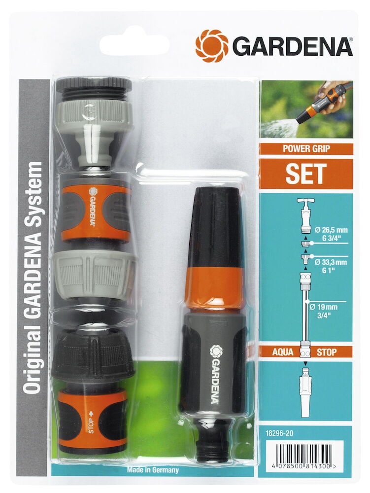 Gardena suuttimet sarja liittimillä paketissa.