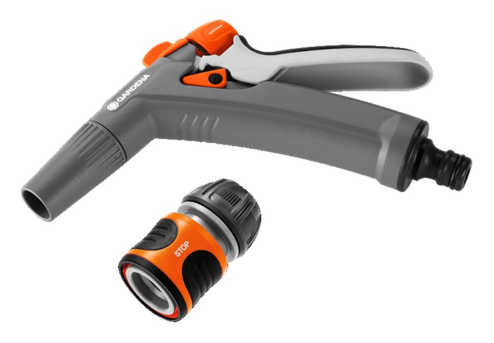 Harmaa ruiskupistooli oranssilla letkuliittimellä ja pysäytystoiminnolla.