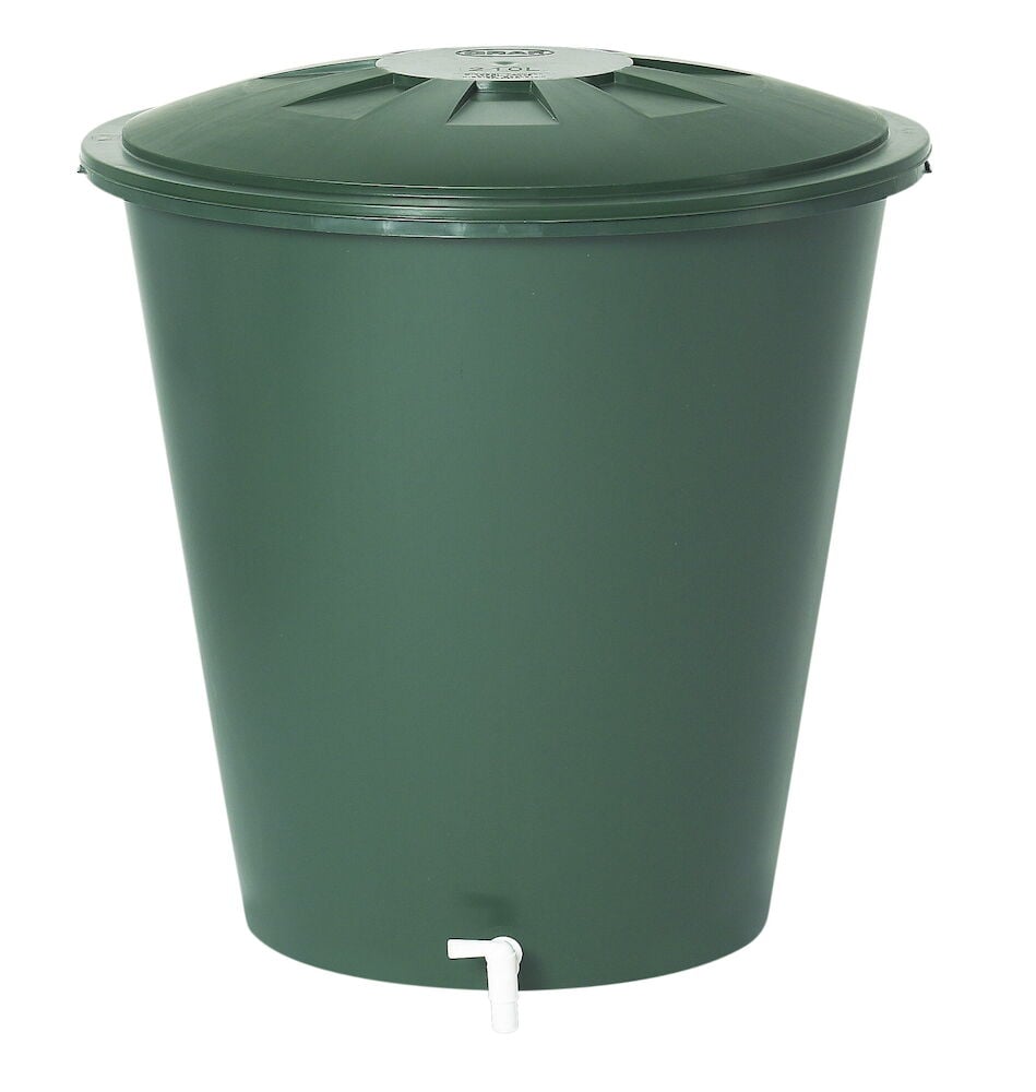 Vihreä sadevesitynnyri, jossa on kansi ja tyhjennysventtiili.