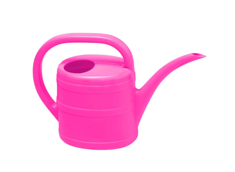 Vaaleanpunainen muovinen kastelukannu puutarhakasteluun.
