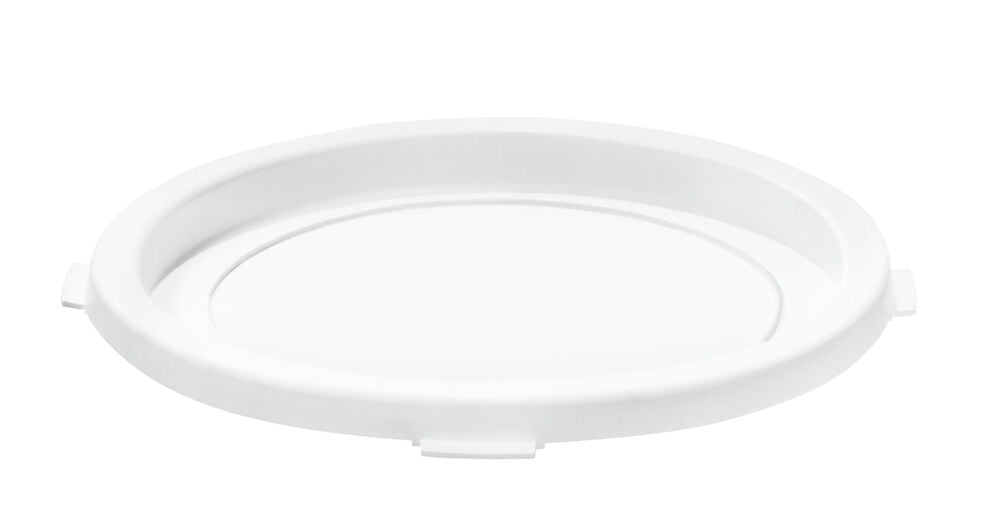 Valkoinen muovikansi, jossa on kahva pyöreälle ämpärille.