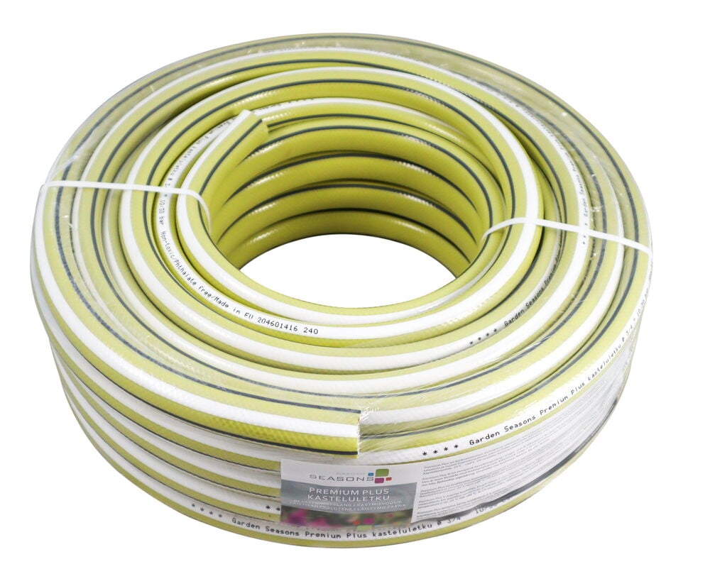 Keltainen ja valkoinen puutarhaletku kierrettynä pakkaukseen.