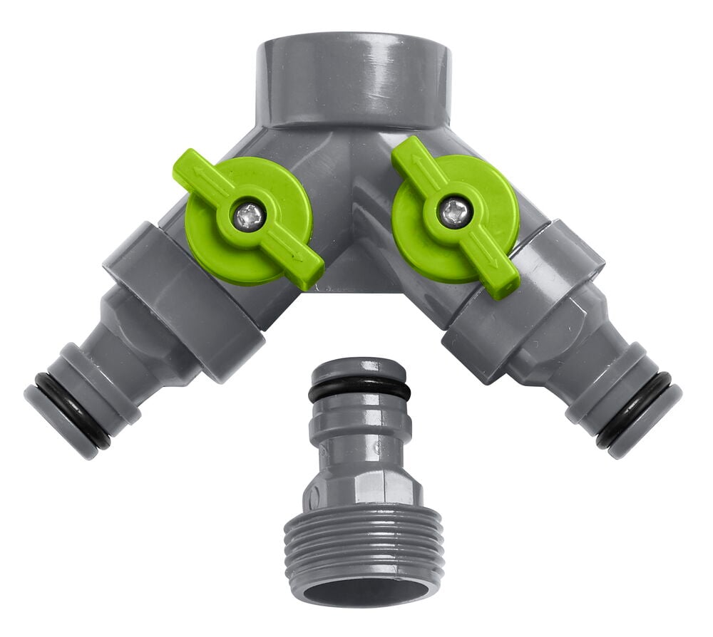 Harmaa Y-liitin puutarhaletkulle vihreällä venttiilillä.