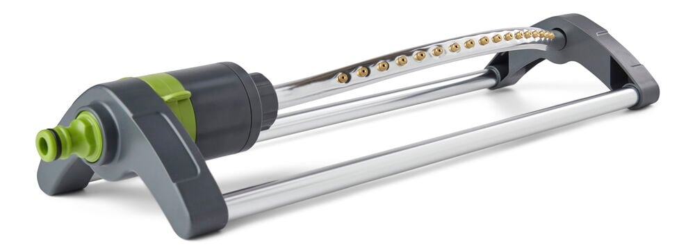 Harmaa ja vihreä muovinen heiluripuutarhasadetin.