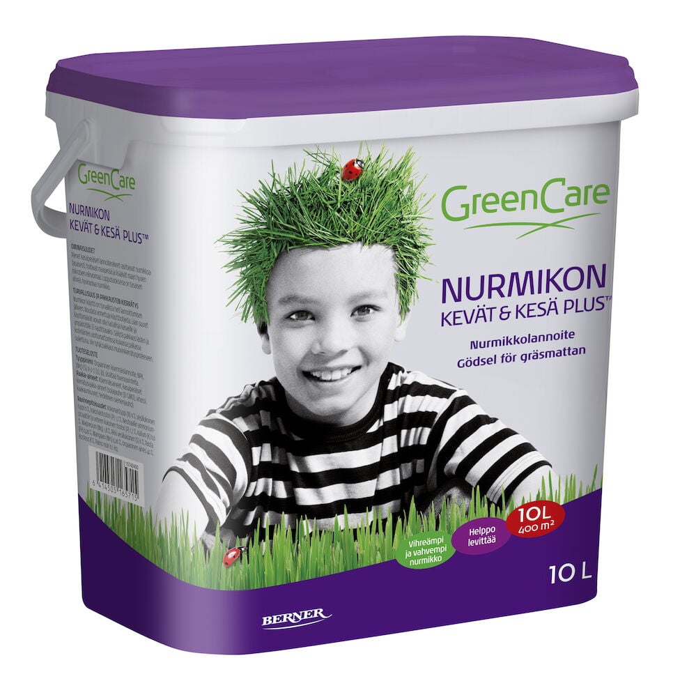 Valkoinen muovipurkki, jossa violetti kansi, etiketti, jossa lapsen kasvot.