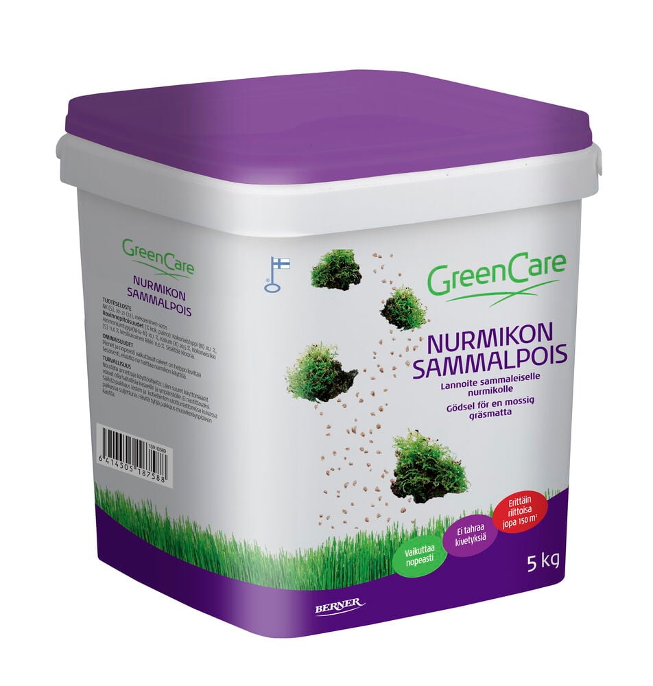 Valkoinen muovipurkki, jossa on violetti kansi sammalenpoistoon.