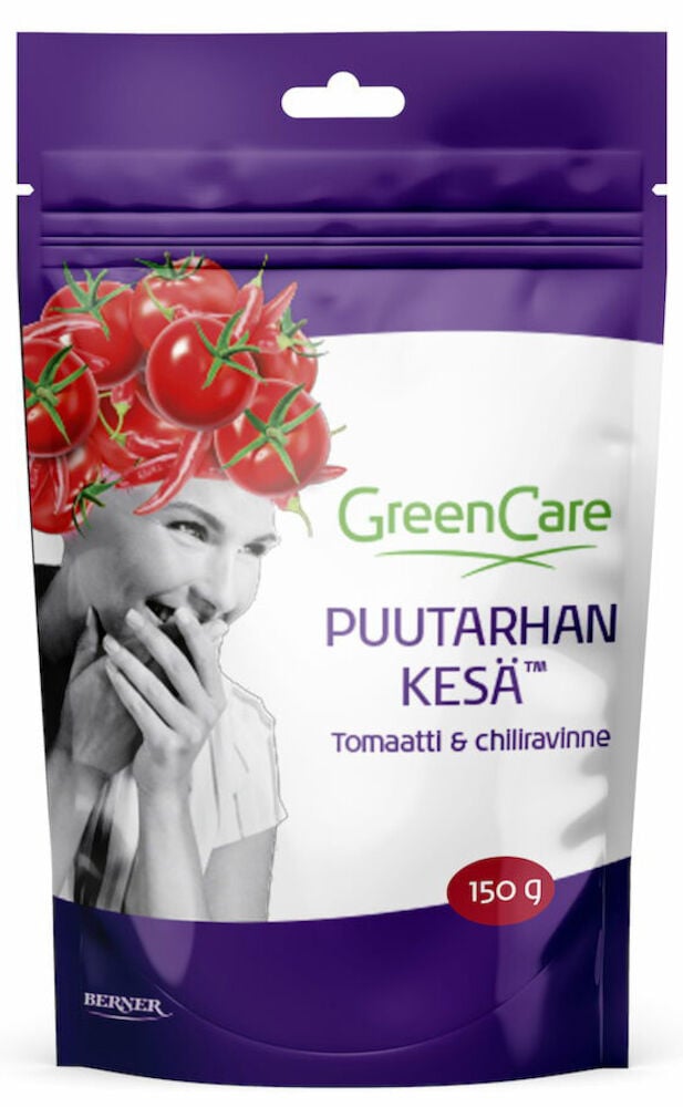 Violetti pussi GreenCare-lannoite tomaatteihin ja chileihin.