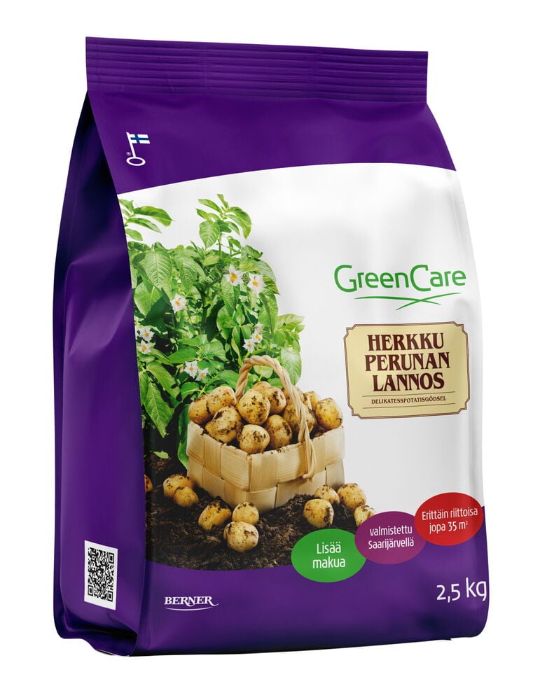 Violetti pussi perunalannoitetta, jossa on perunoita ja lehtiä.