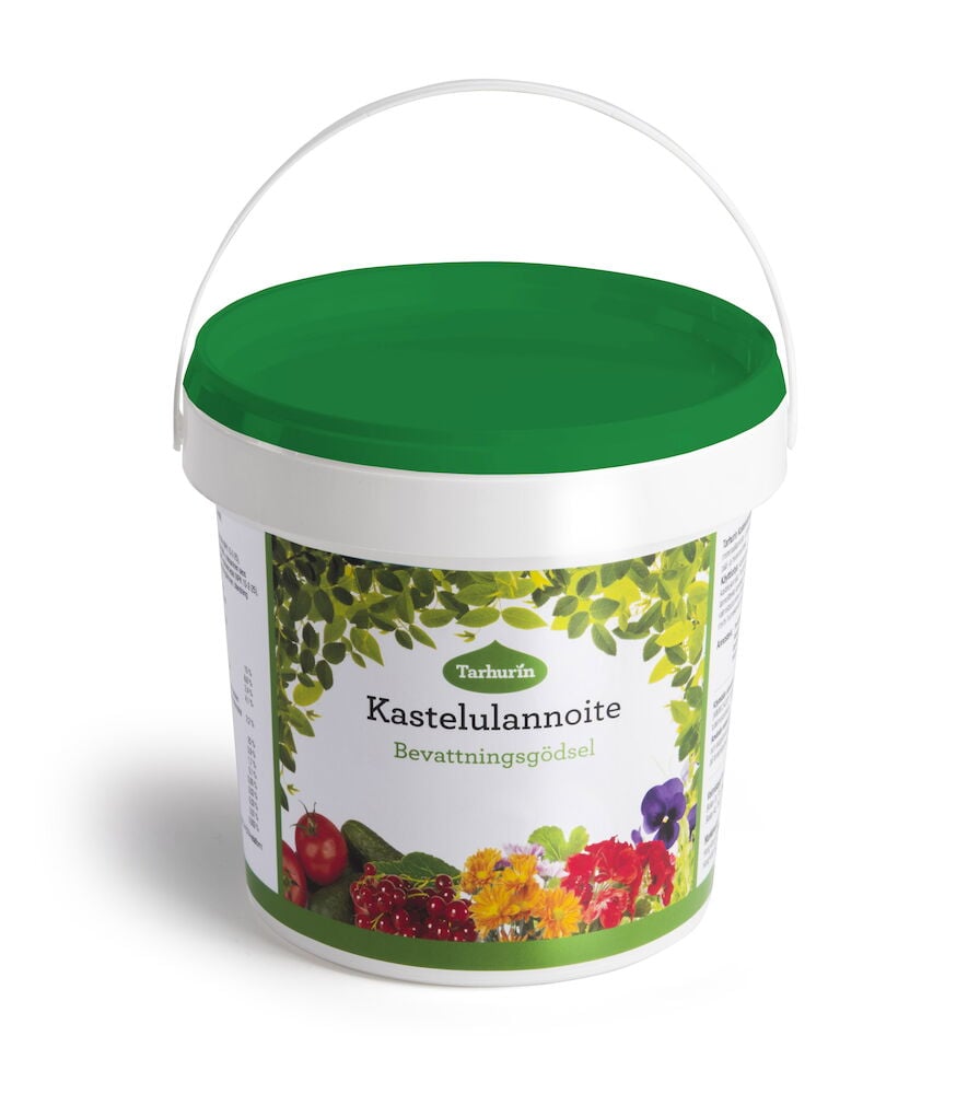 Valkoinen muoviämpäri vihreällä kannella ja kukkaillustratiolla.