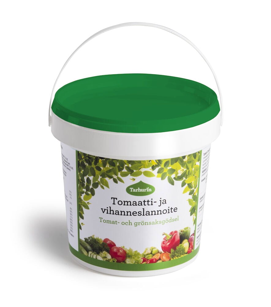 Valkoinen ämpäri, jossa on vihreä kansi ja etiketti, jossa on vihanneksia.