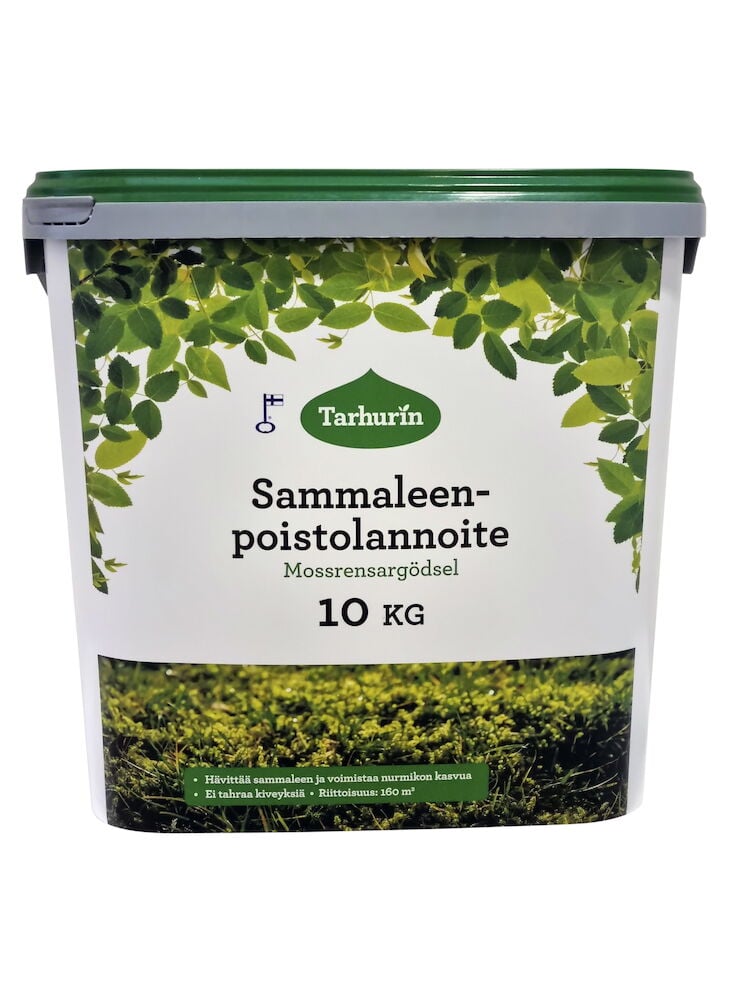 Valkoinen muovipurkki, jossa on vihreä kansi ja tuote-etiketti.