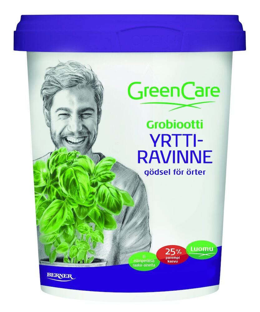 Valkoinen purkki, jossa on sininen kansi ja etikettiin on kuvattu yrttikasvi.