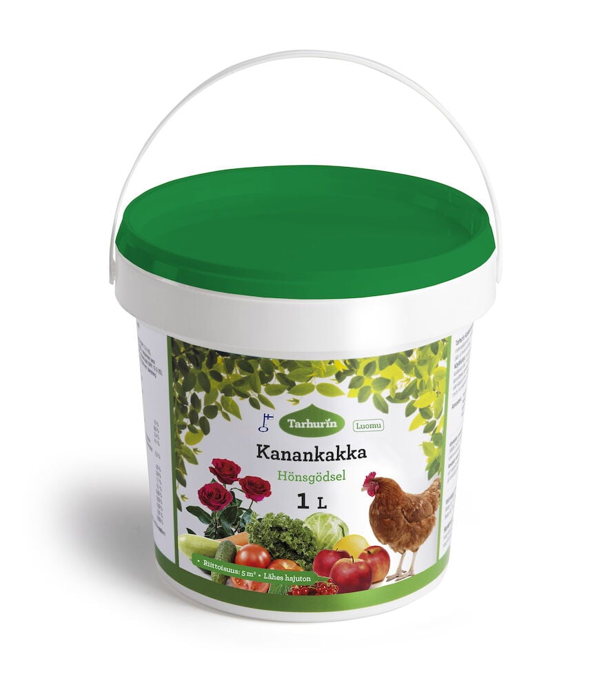 Valkoinen ämpäri vihreällä kannella ja puutarha-aiheella.