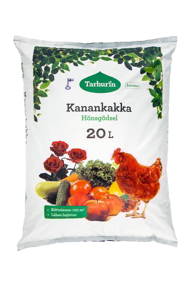 Valkoinen pussi, jossa on vihreää tekstiä ja kuvia vihanneksista.