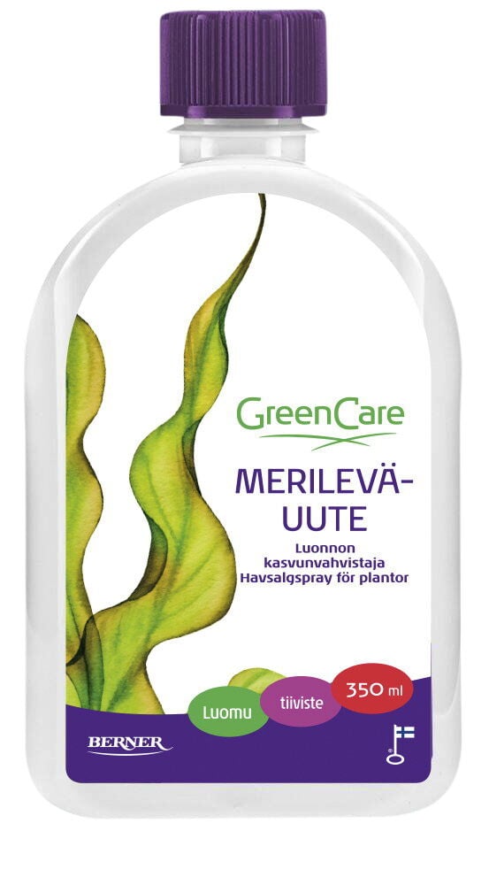 Läpinäkyvä pullo, jossa on violetti korkki ja kasviaiheiset kuviot.