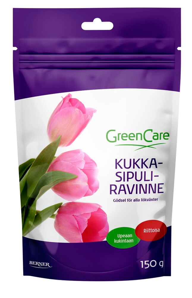 Violetti pussi, jossa on vaaleanpunaisia ??tulppaaneja ja tuoteteksti.