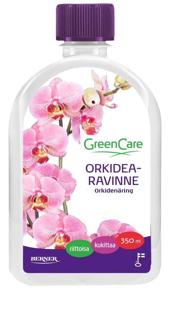 Pullo, jossa orkideakuvia ja violetti korkki.