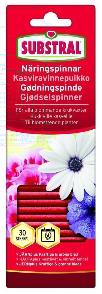 Pakkaus Substral-ravinnepuikoilla kukkiville kasveille.