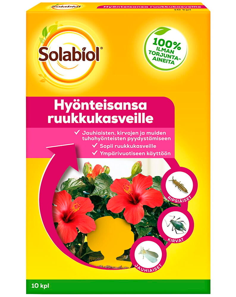 Keltainen Solabiol hyönteisansa ruukkukasveille, esitetty keltaisessa ja vaaleanpunaisessa vähittäismyyntipakkauksessa.