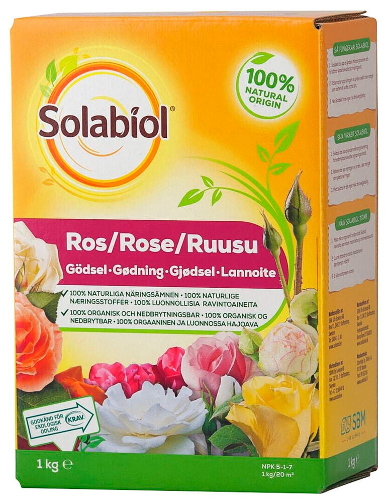 Oranssi ja pinkki Ruusulannoite Solabiol pakkaus, 1 kg, ruusukuvilla, 100% luonnollista alkuperää.