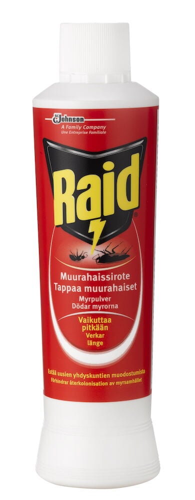 Punainen pullo Raid-muurahaisjauhetta ja valkoiset korkit.