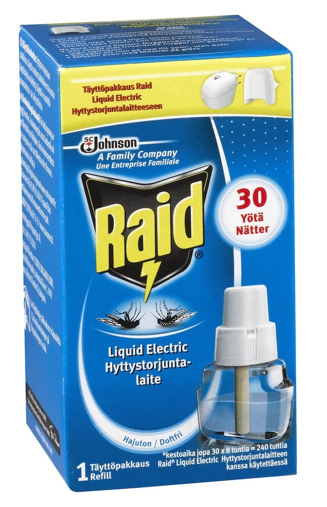 Sininen pakkaus Raid-nestesäiliölle hyönteisiä vastaan.