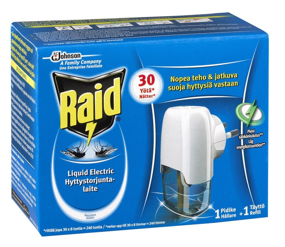 Sininen pakkaus, jossa on Raid-sähköinen hyttysensuojaneste.