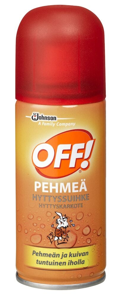 Oranssi hyttyskarkoteruiskepullo, jossa on punainen korkki.