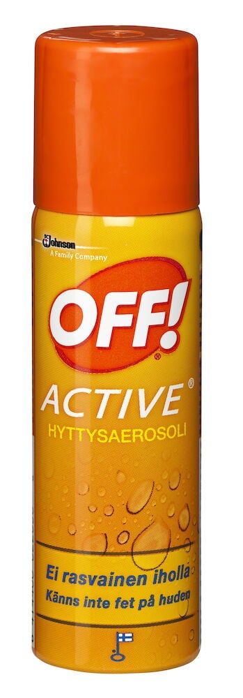 Oranssi hyttyskarkotepullo, jossa on suihkutulppa ja etiketti.