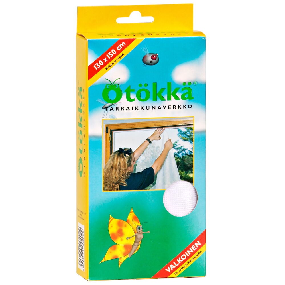 Pakkaus valkoista itsekesittyvää hyönteisverkkoa ikkunoihin.