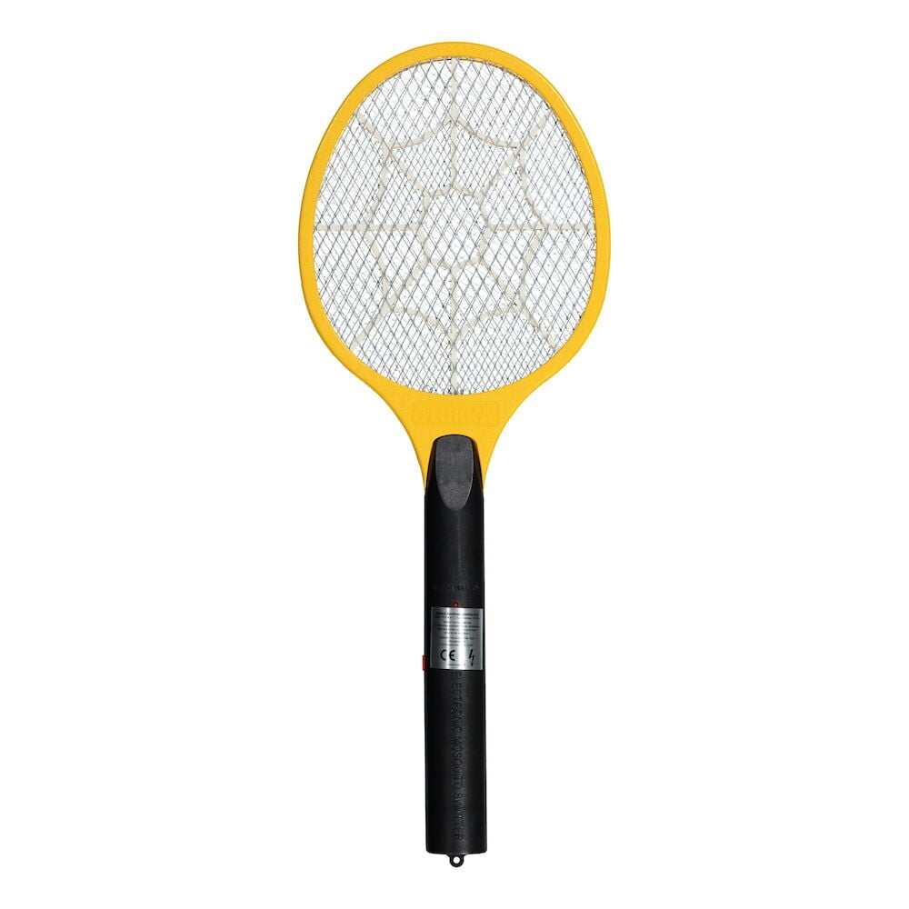 Keltainen sähköinen hyönteisrakka mustalla kahvalla.