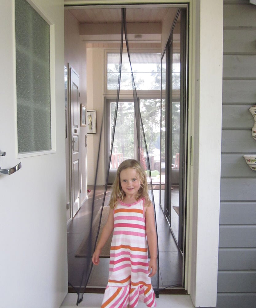 Tyttö kulkee magneettisen hyönteisverkon läpi ovesta.