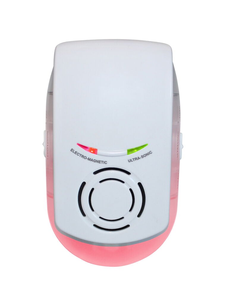 Valkoinen elektroninen hiiri- ja rottakarkotin merkkivaloilla.