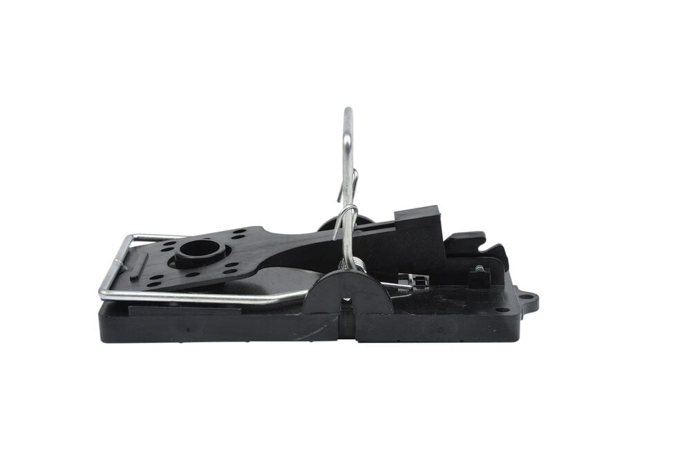 Musta muovinen hiirenloukku metallijousella.