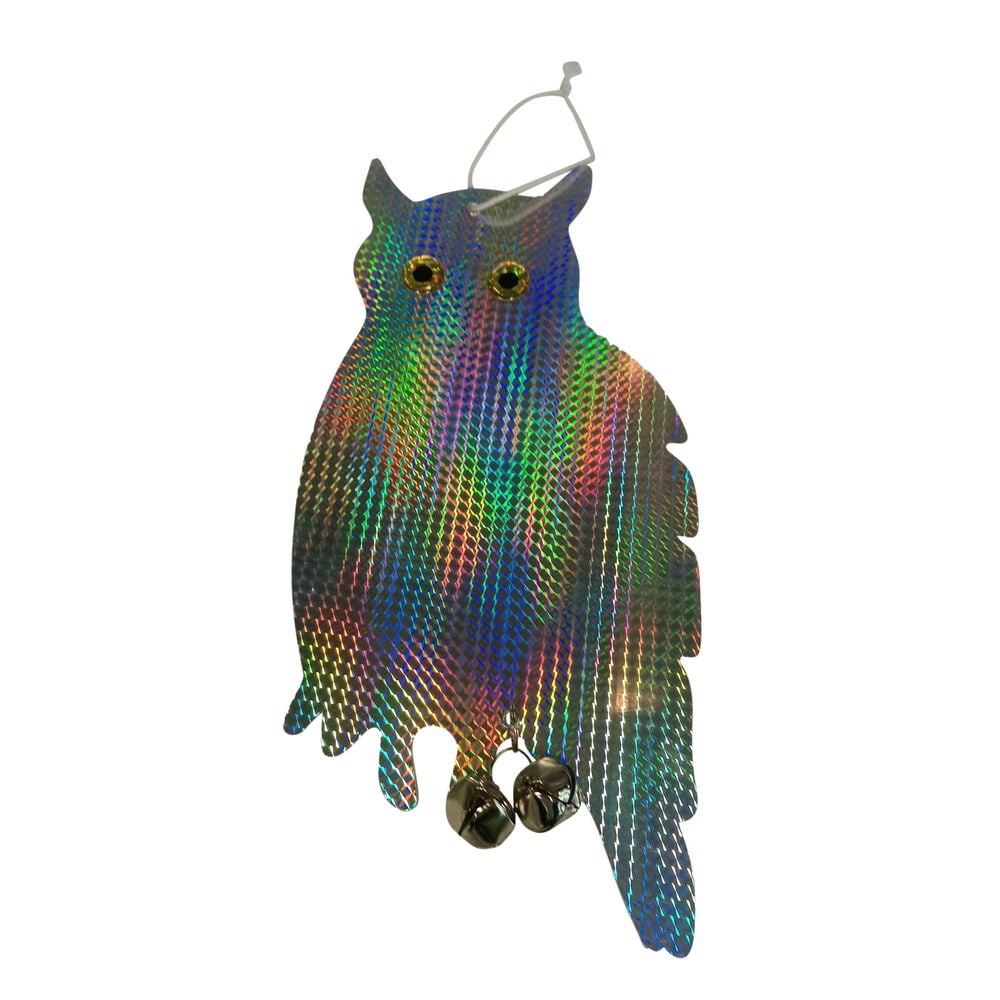 Kimalteleva pöllönmuotoinen linnunpelätin kelloilla.