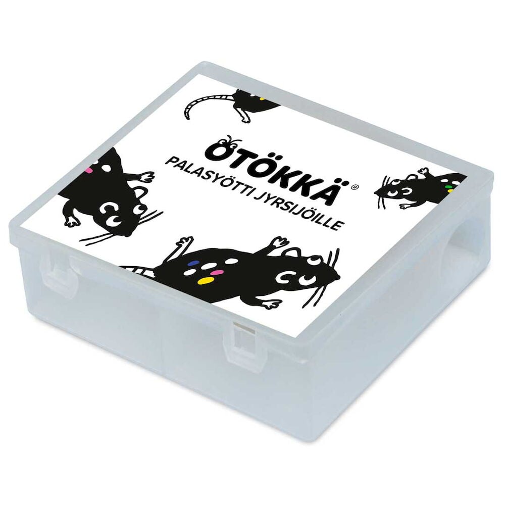 Valkoinen muovilaatikko, jossa on mustien hiirien kuvitus.