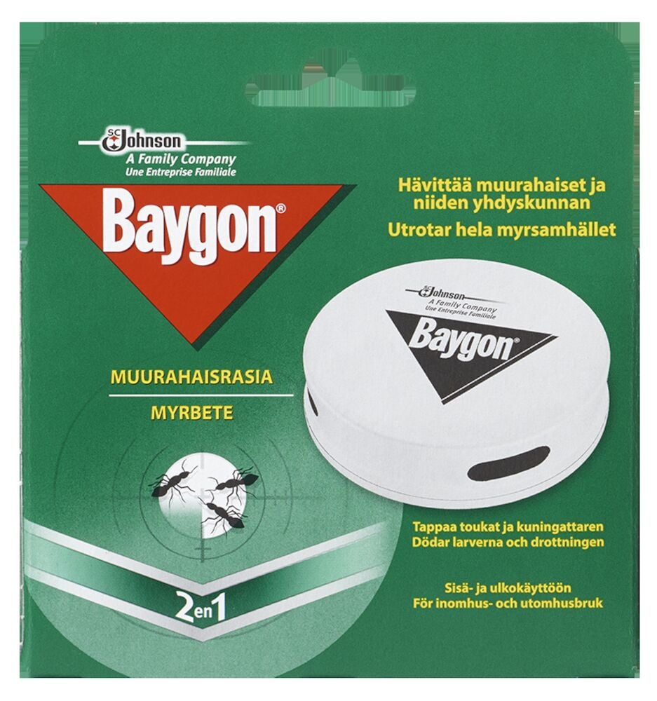 Vihreä pakkaus, jossa valkoinen Baygon-muurahaisansapakkaus ja muurahaisia.