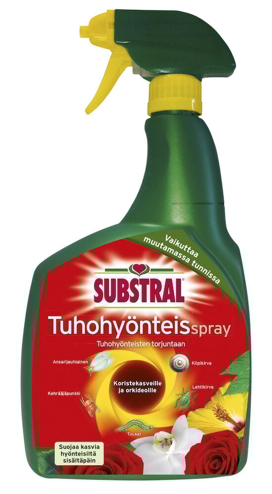 Vihreä suihkepullo, jossa on punainen etiketti hyönteisten torjuntaan.