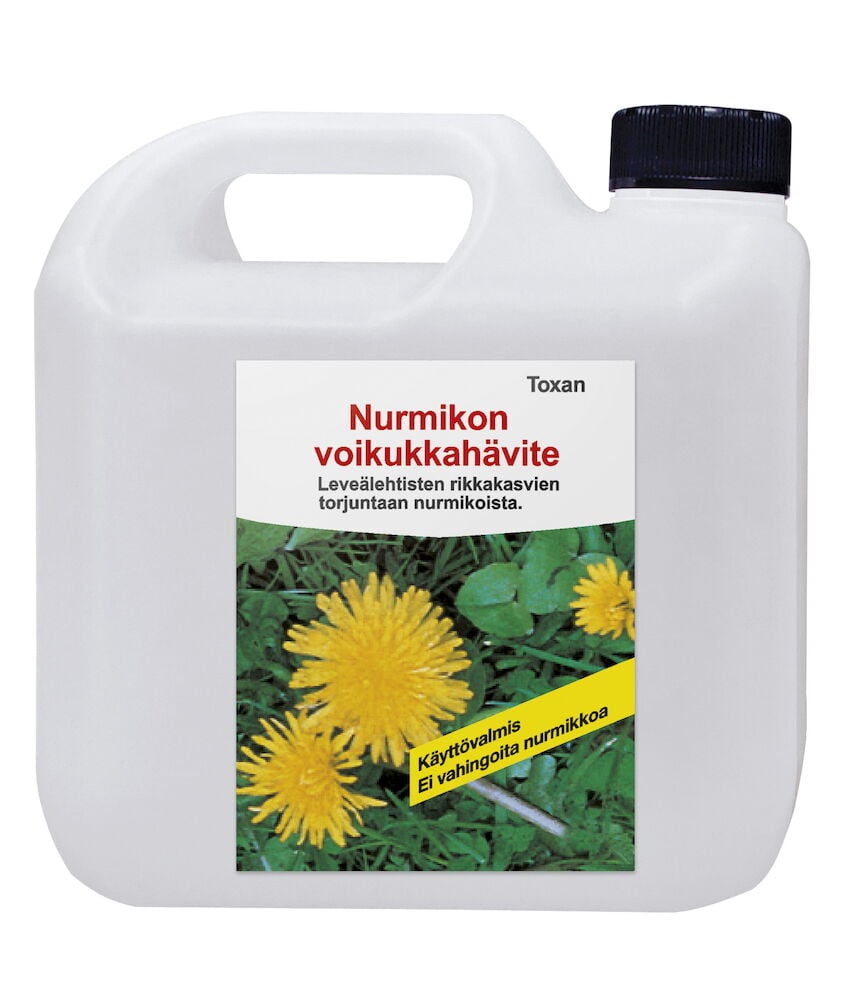 Valkoinen muovikanisteri mustalla kannella ja etiketillä.