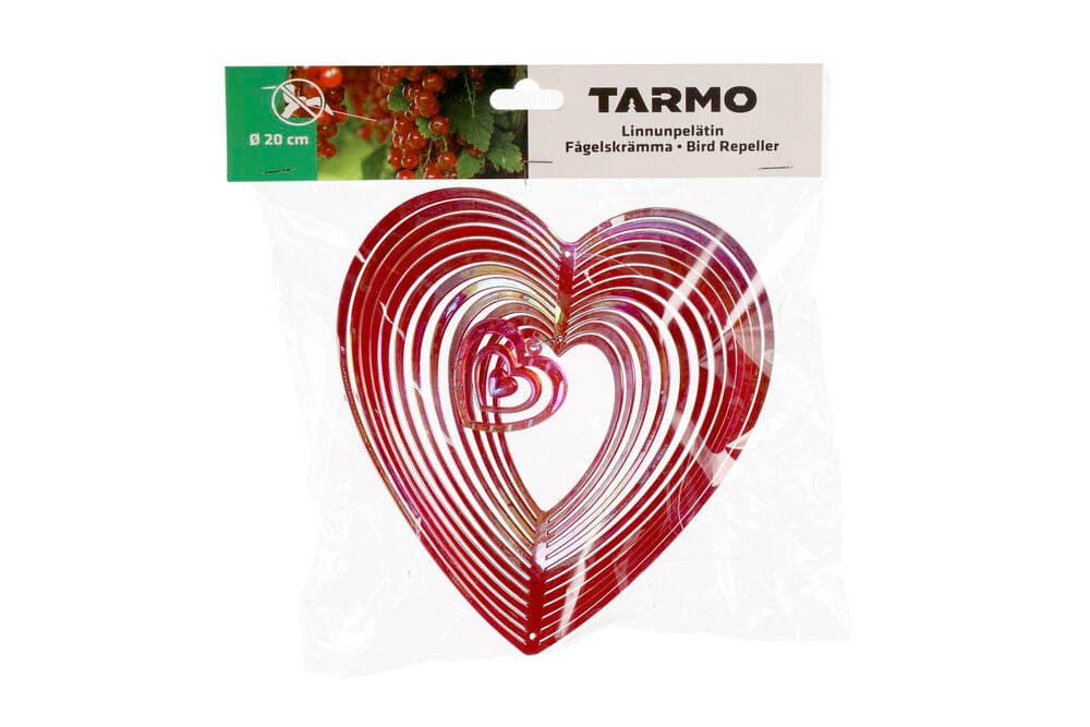 Sydämen muotoinen linnunpelätin monivärisenä pakkauksessa.