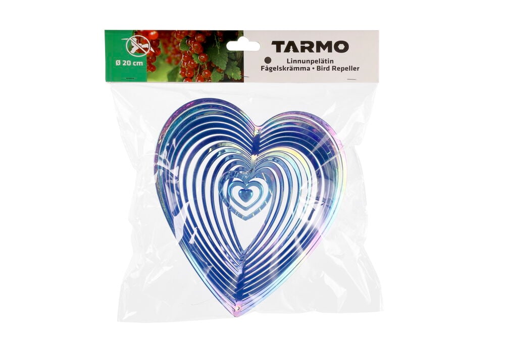 Monivärinen sydämen muotoinen linnunpelätin läpinäkyvässä muovipakkauksessa.