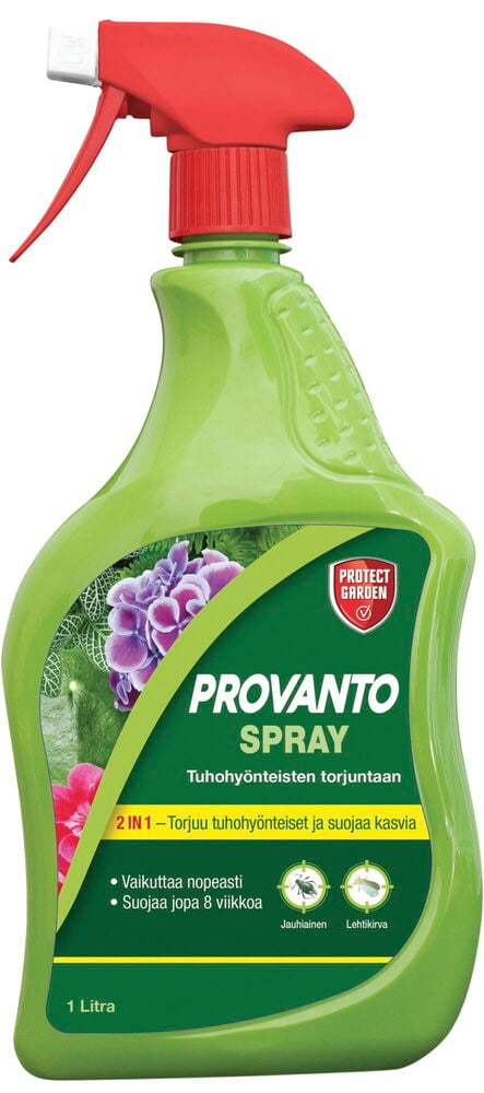 Vihreä spraypullo, jossa on punainen spraypumppu ja etiketti.
