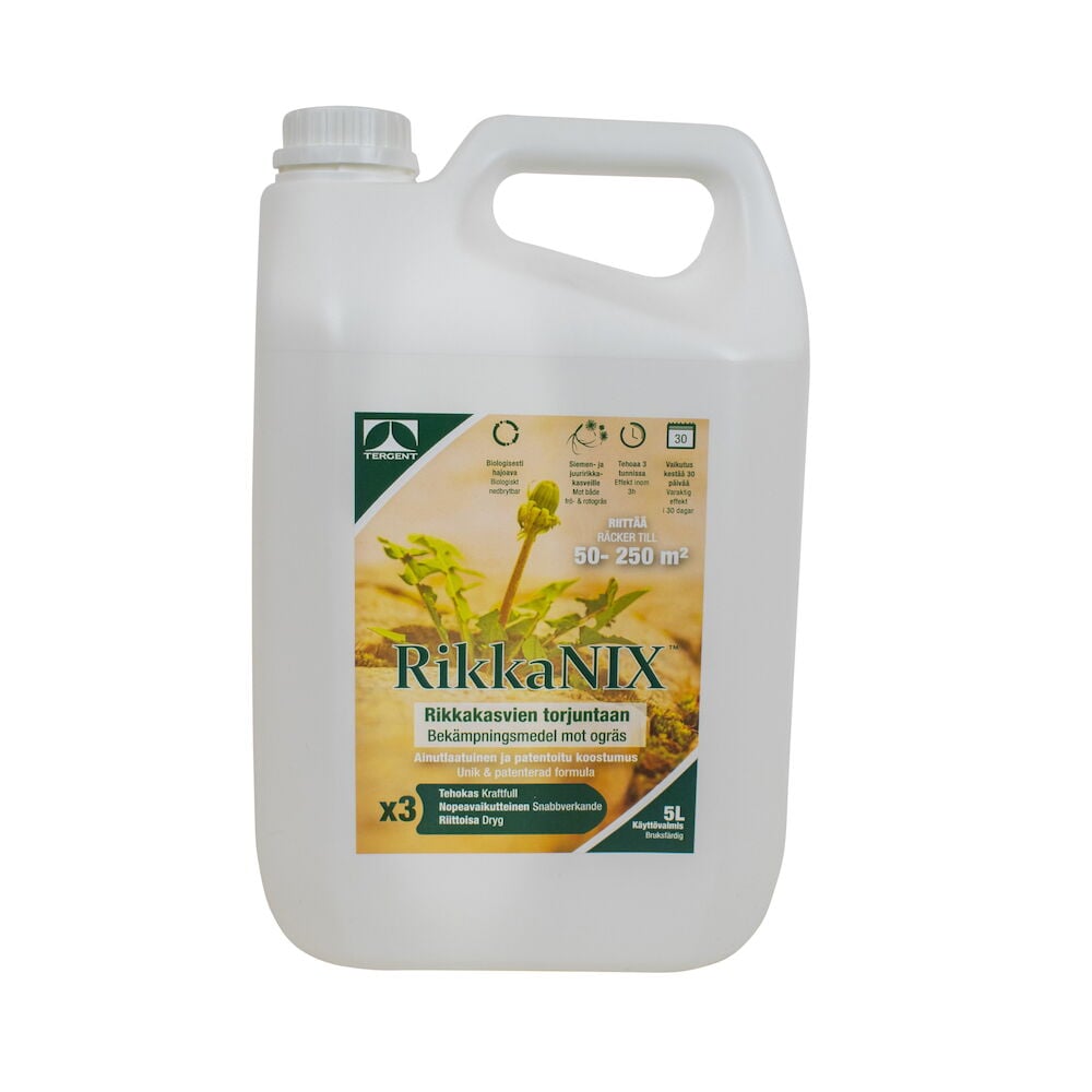 Valkoinen kanisteri rikkakasvien torjunta-ainetta ulkokäyttöön.